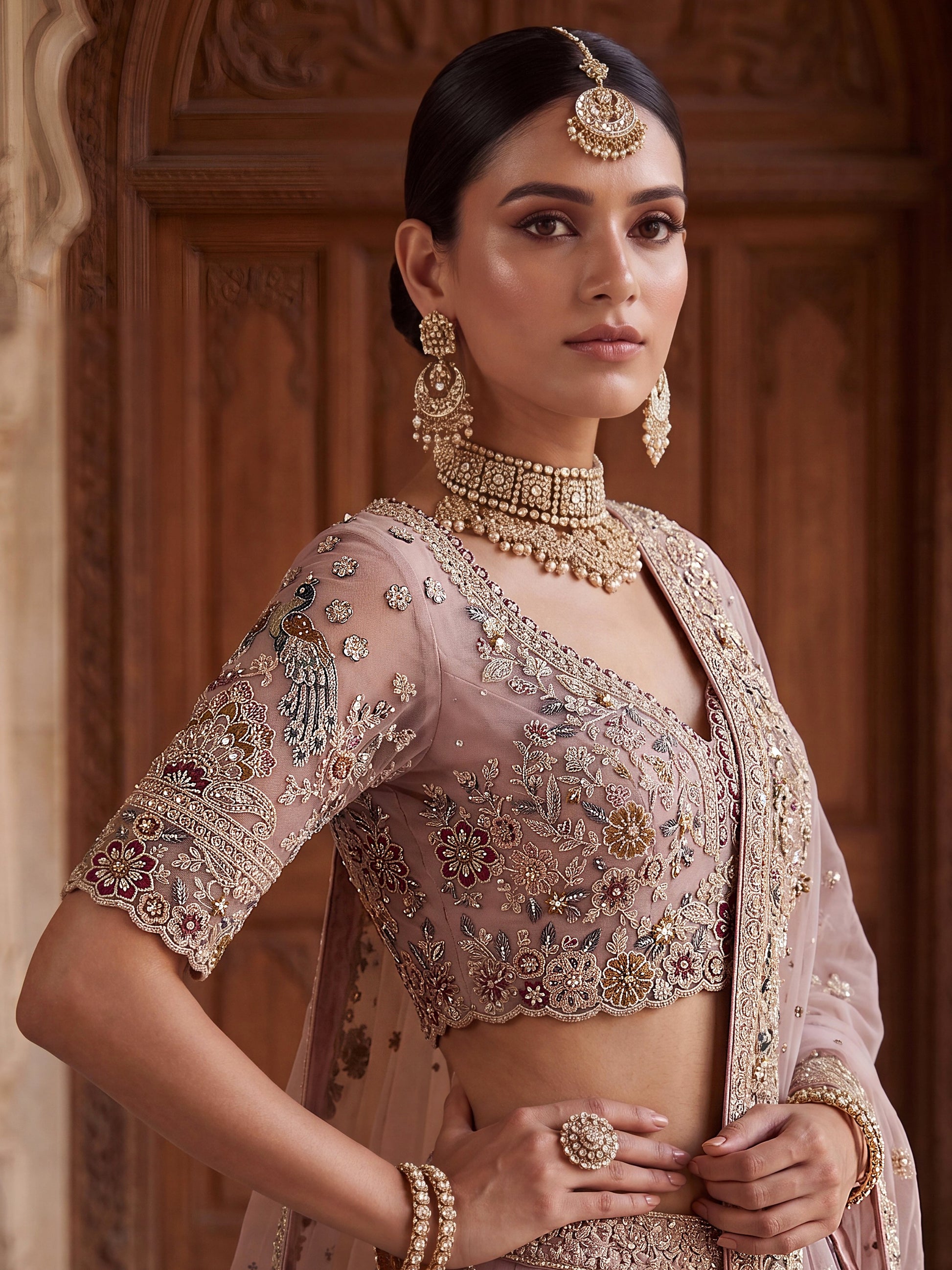 Pretty Mauve Embroidered Net Bridal Wear Lehenga Choli With Dupatta