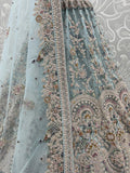 Elegant Sky-Blue Zari Work Net Bridal Wear Lehenga Choli With Dupatta