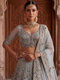 Elegant Sky-Blue Zari Work Net Bridal Wear Lehenga Choli With Dupatta
