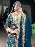 Magnificent Teal Blue Embroidered Rayon Festival Salwar With Dupatta