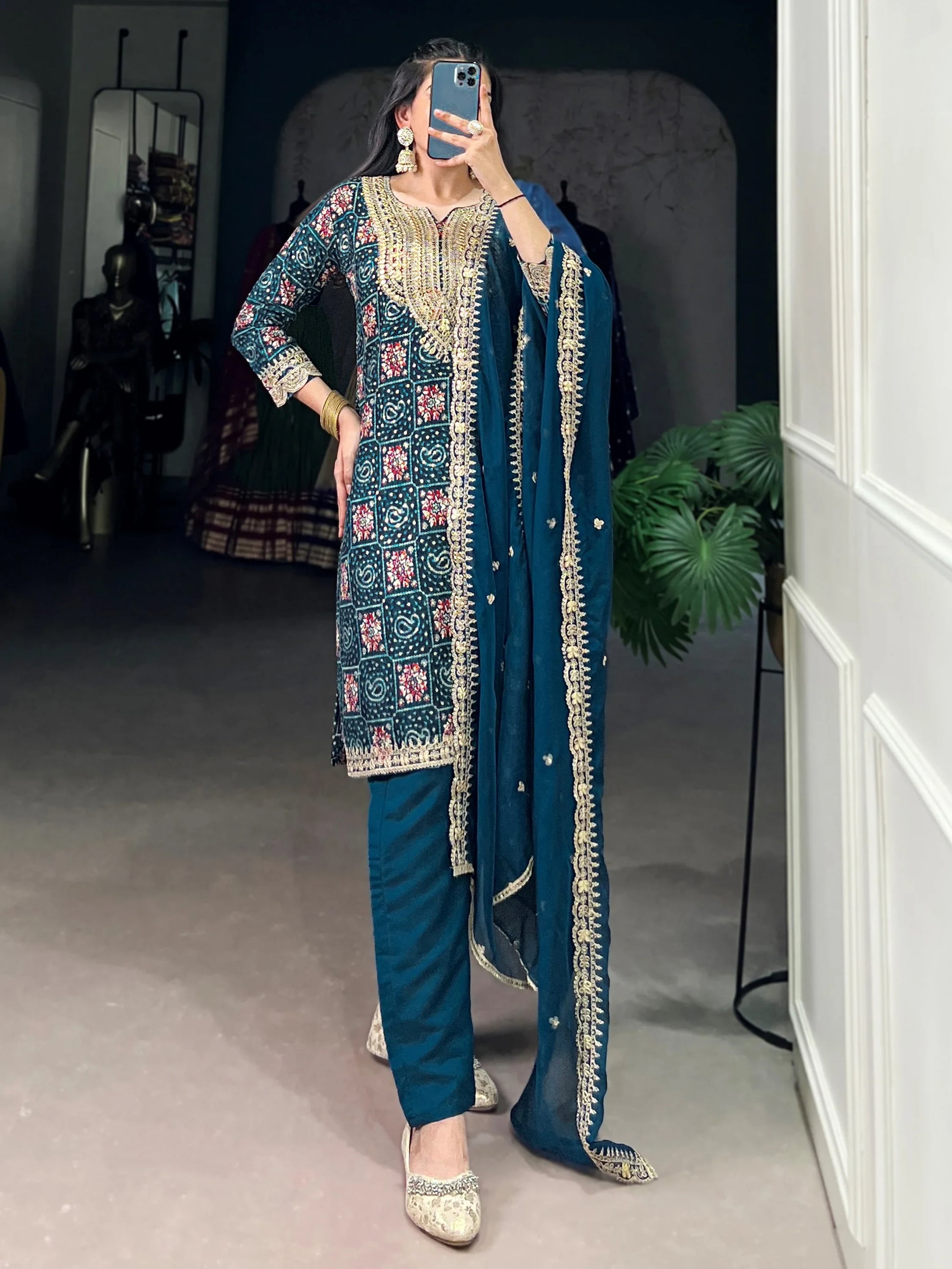 Magnificent Teal Blue Embroidered Rayon Festival Salwar With Dupatta