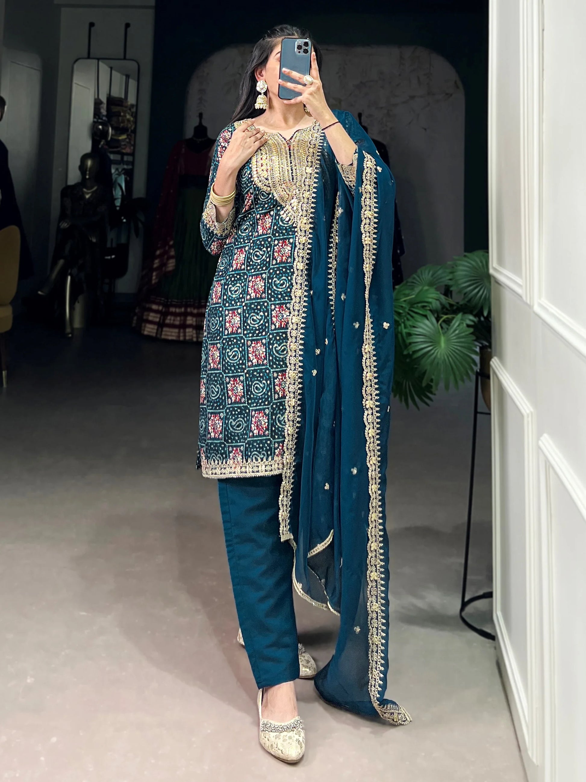 Magnificent Teal Blue Embroidered Rayon Festival Salwar With Dupatta