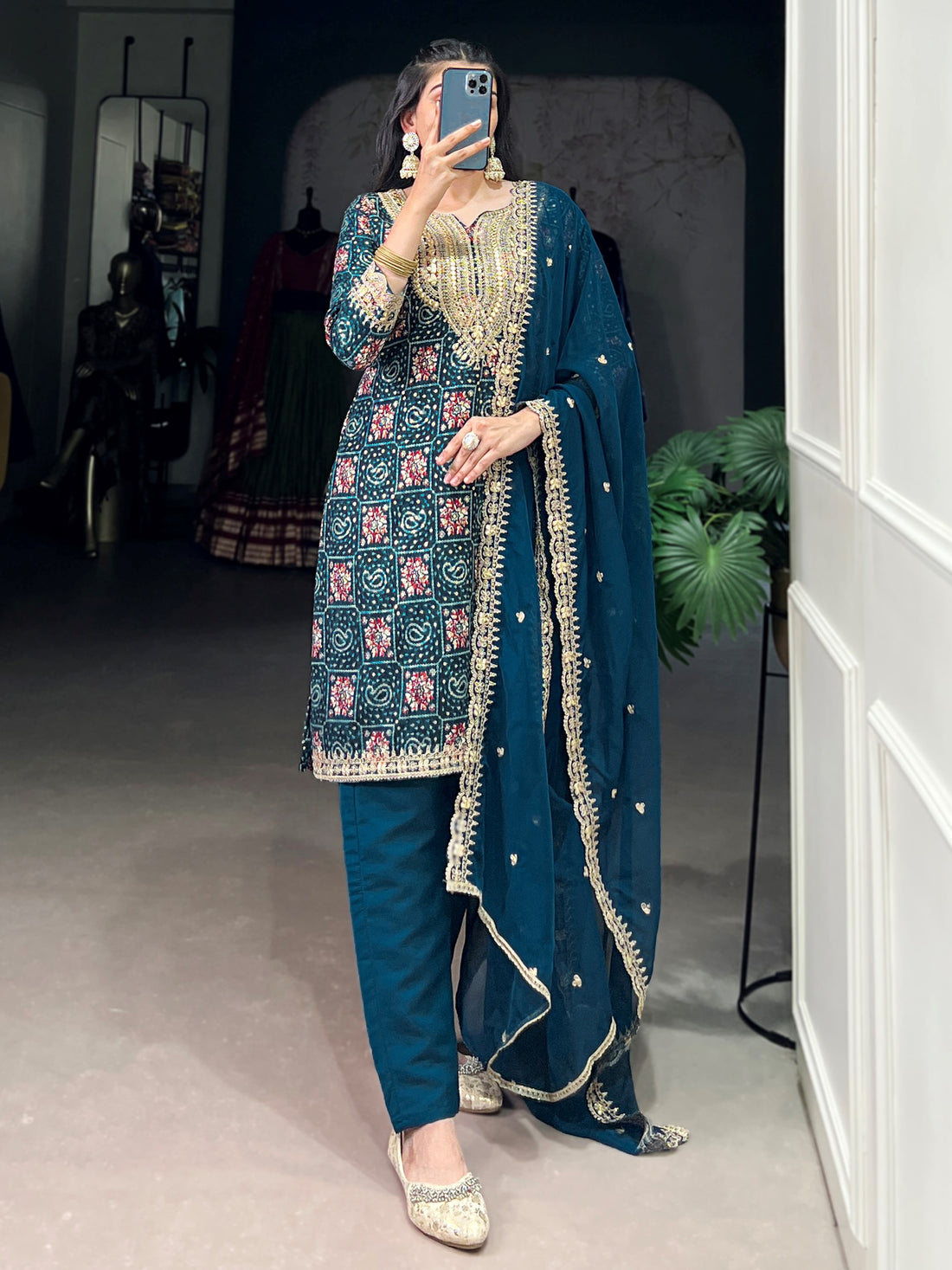 Magnificent Teal Blue Embroidered Rayon Festival Salwar With Dupatta