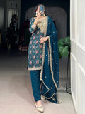 Magnificent Teal Blue Embroidered Rayon Festival Salwar With Dupatta