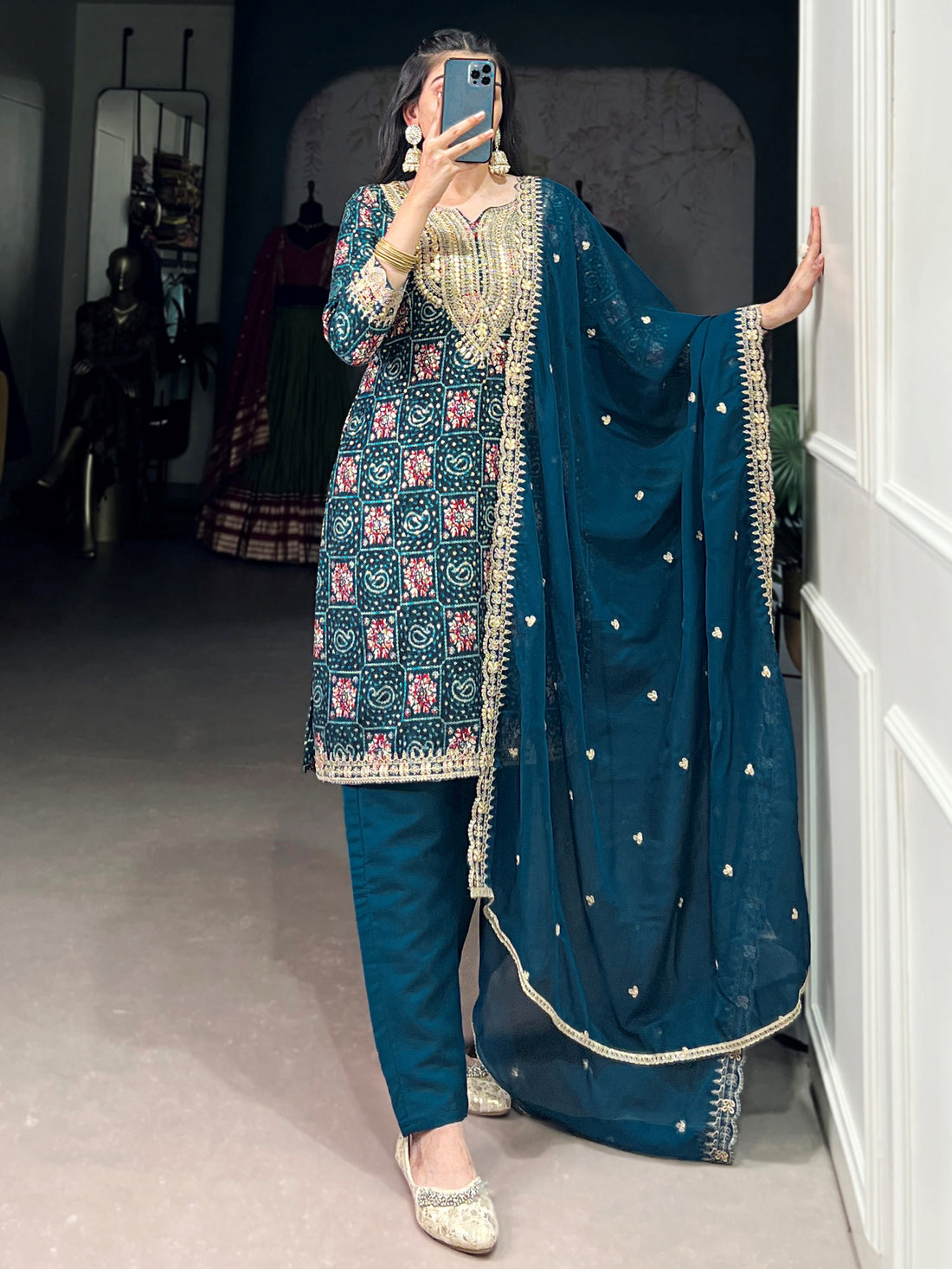 Magnificent Teal Blue Embroidered Rayon Festival Salwar With Dupatta