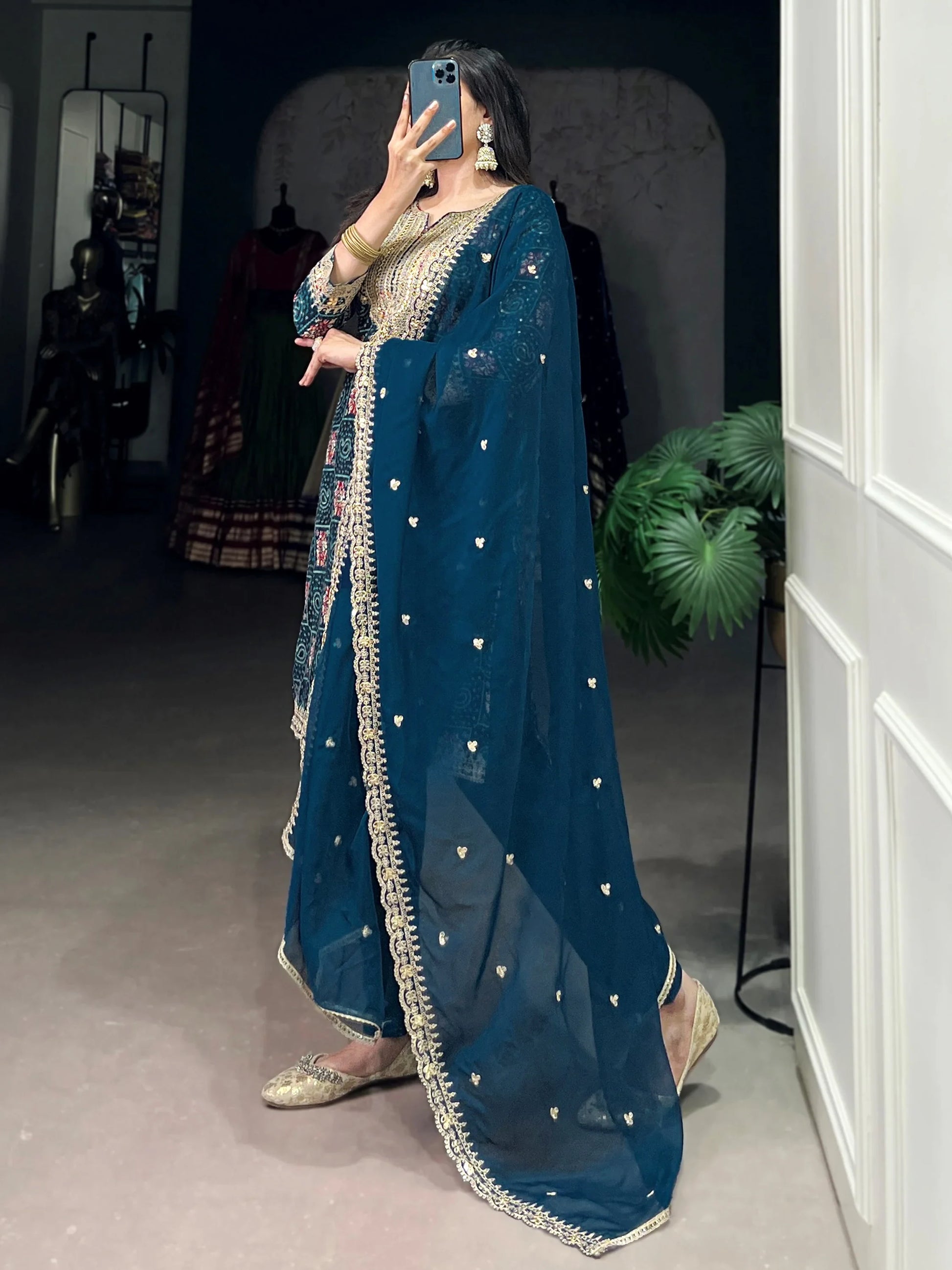 Magnificent Teal Blue Embroidered Rayon Festival Salwar With Dupatta