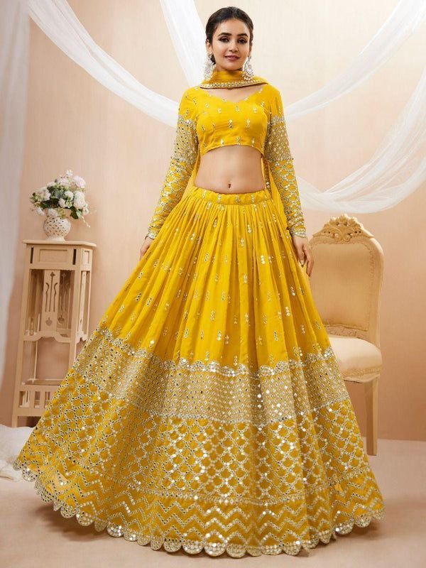 Mesmerizing Yellow Sequins Georgette Haldi Wear Lehenga Choli