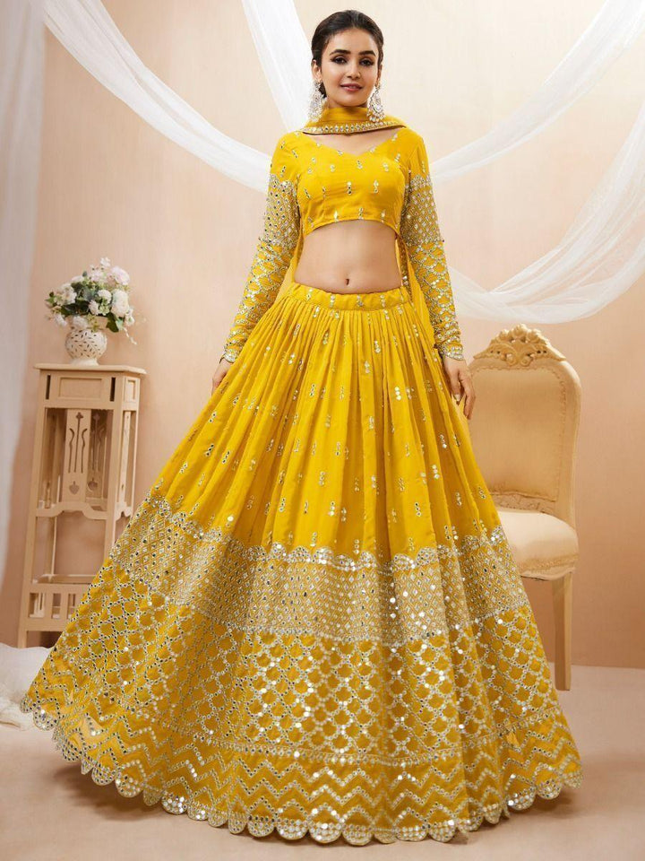 Mesmerizing Yellow Sequins Georgette Haldi Wear Lehenga Choli