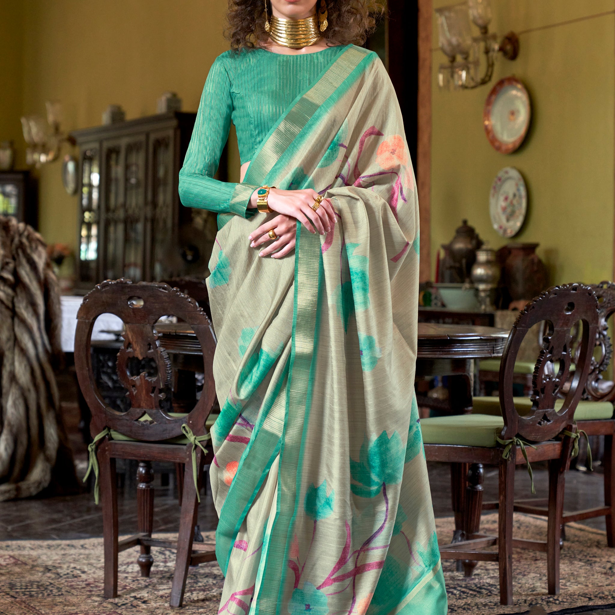 Awesome Teal Green Printed Banarasi Silk Festival Wear Saree