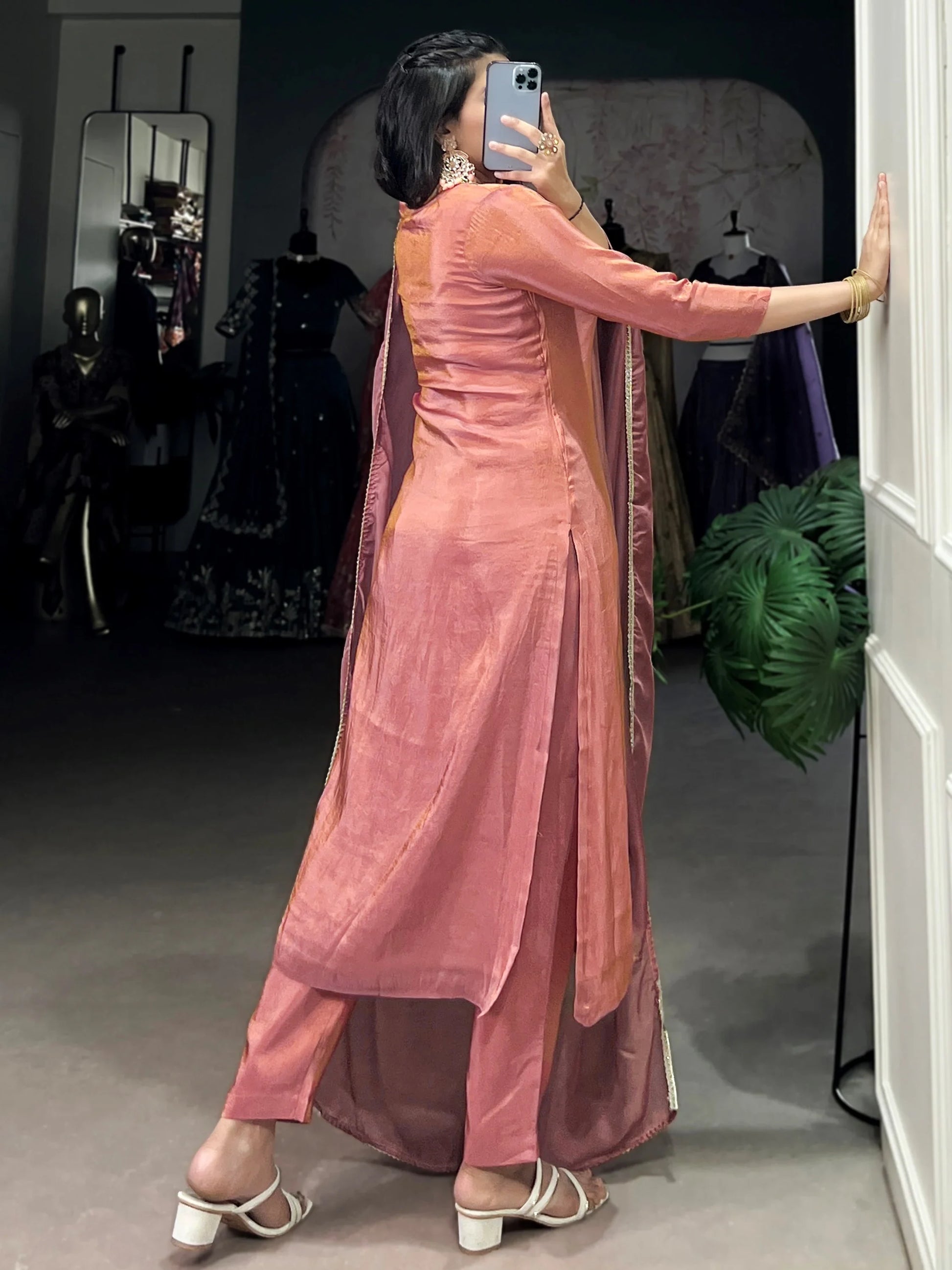 Wonderful Peach Handwork Tissue Festival Salwar With Dupatta