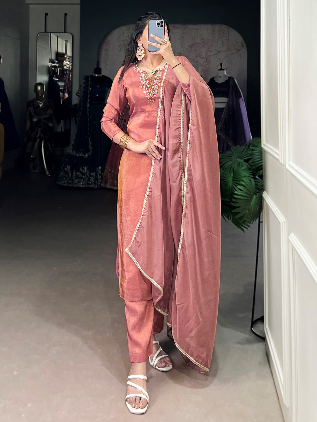 Wonderful Peach Handwork Tissue Festival Salwar With Dupatta
