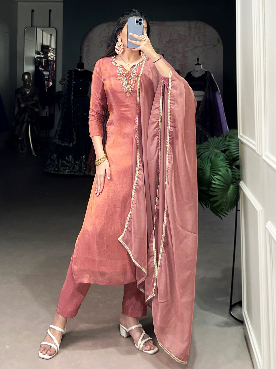 Wonderful Peach Handwork Tissue Festival Salwar With Dupatta