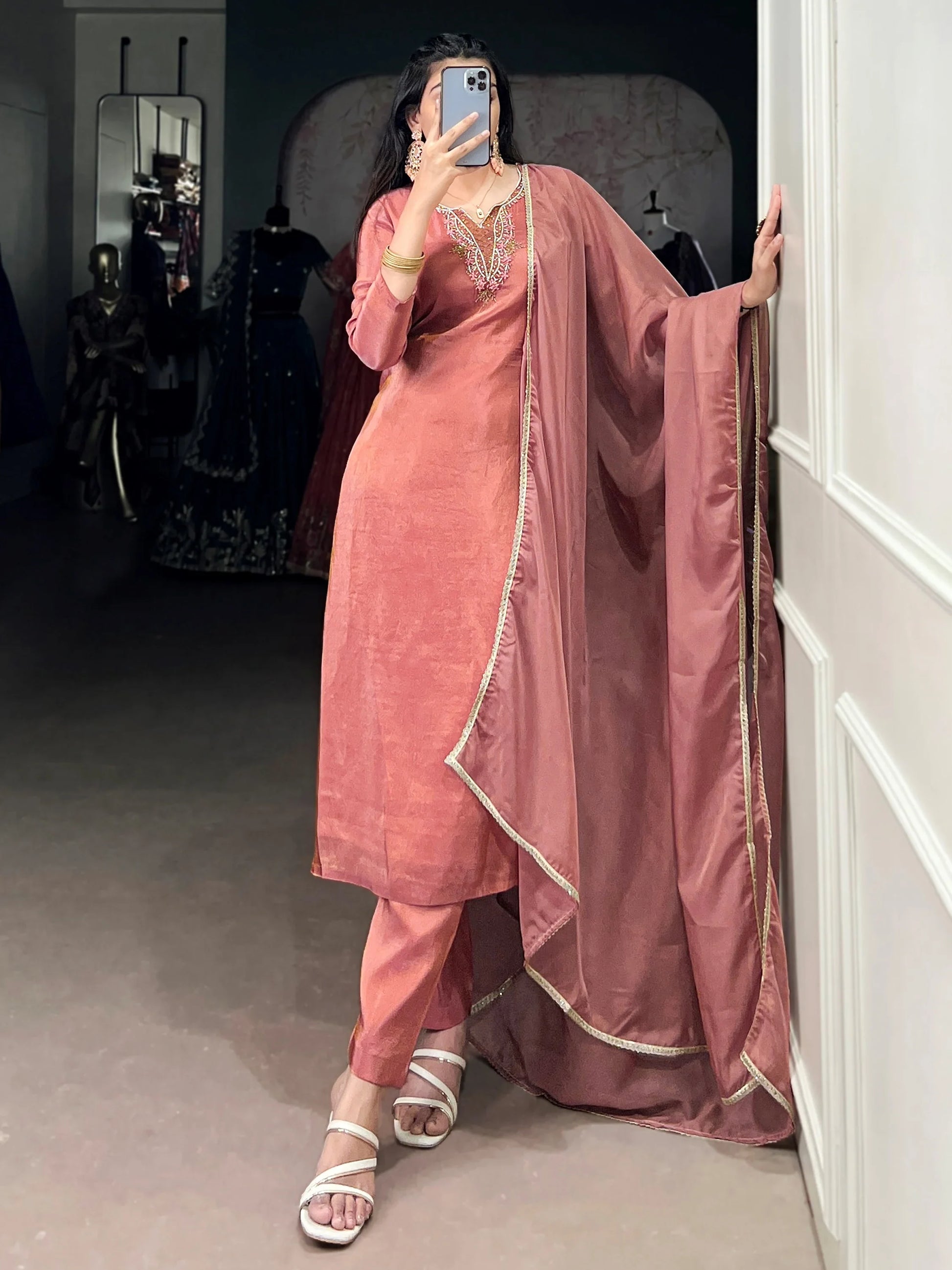Wonderful Peach Handwork Tissue Festival Salwar With Dupatta