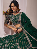Stylish Green Sequins Georgette Wedding Wear Lehenga Choli With Dupatta