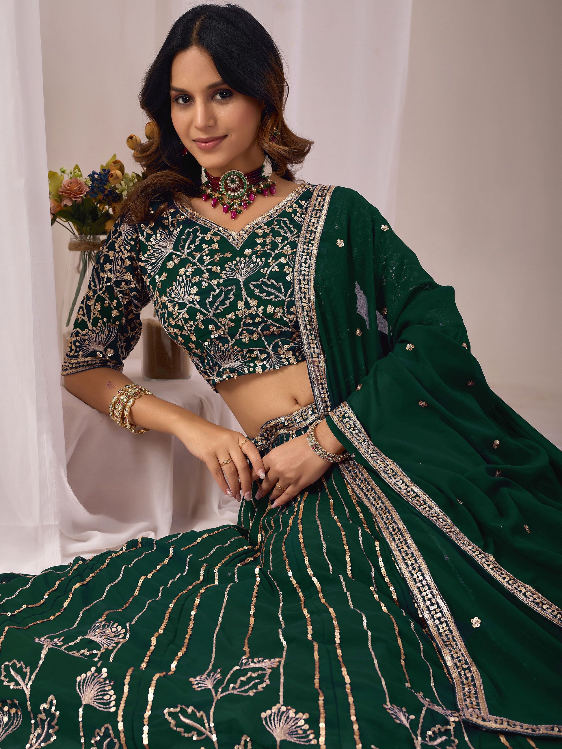 Stylish Green Sequins Georgette Wedding Wear Lehenga Choli With Dupatta