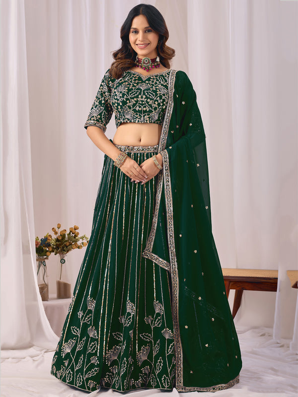 Stylish Green Sequins Georgette Wedding Wear Lehenga Choli With Dupatta