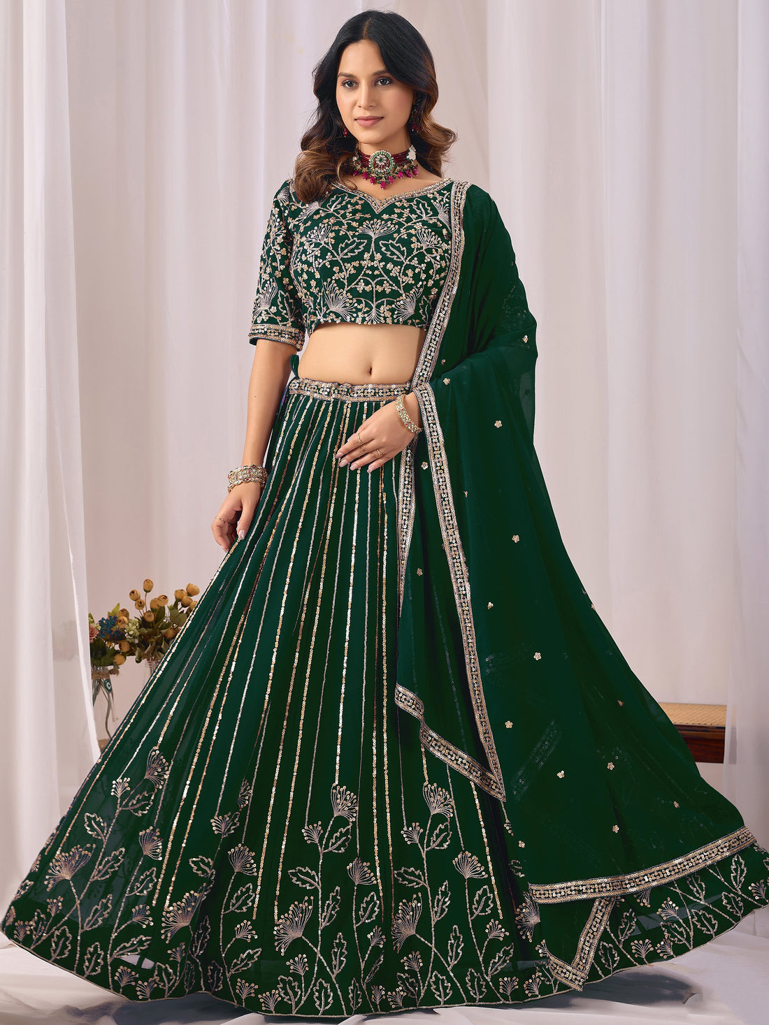 Stylish Green Sequins Georgette Wedding Wear Lehenga Choli With Dupatta