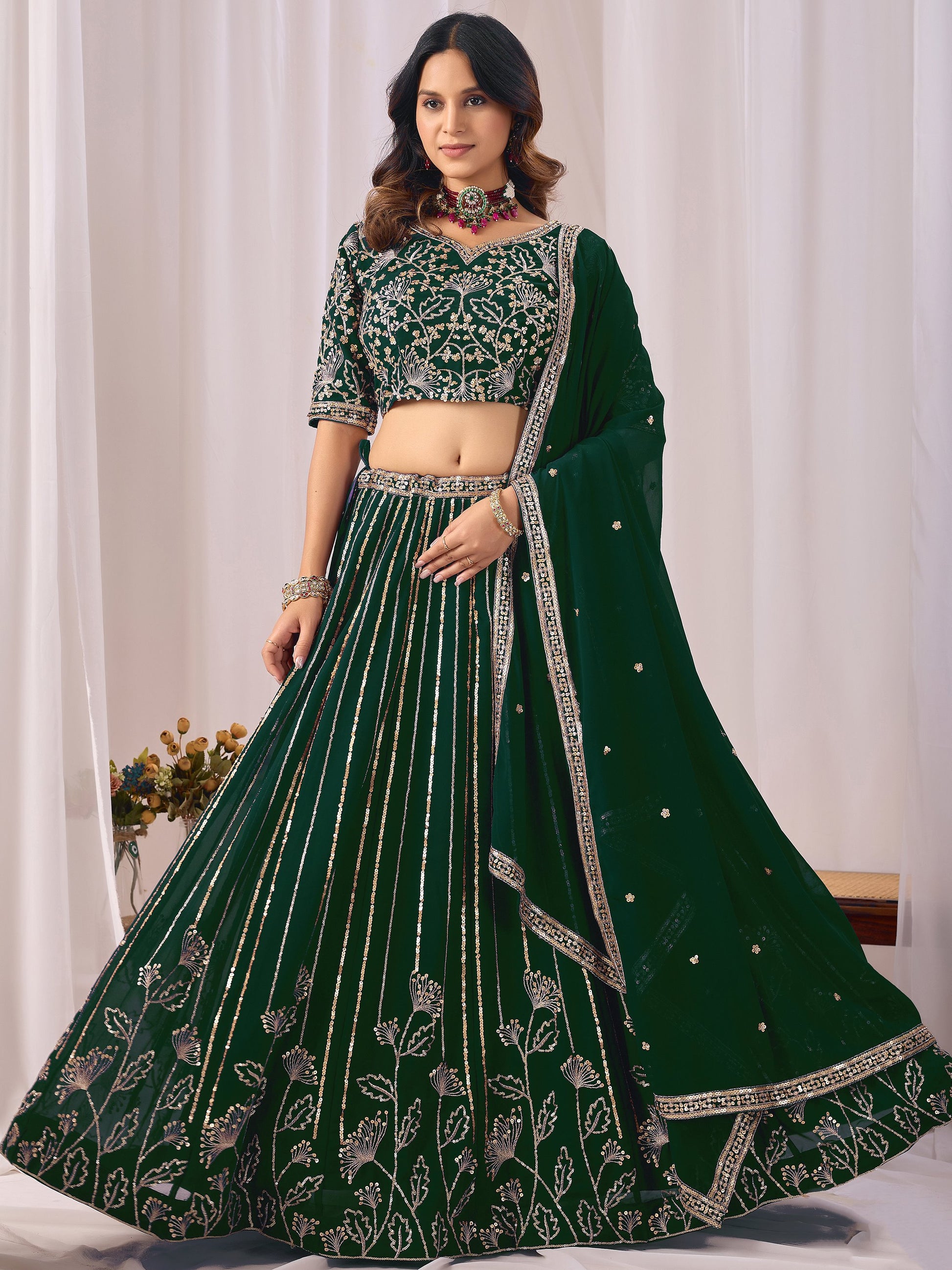 Stylish Green Sequins Georgette Wedding Wear Lehenga Choli With Dupatta