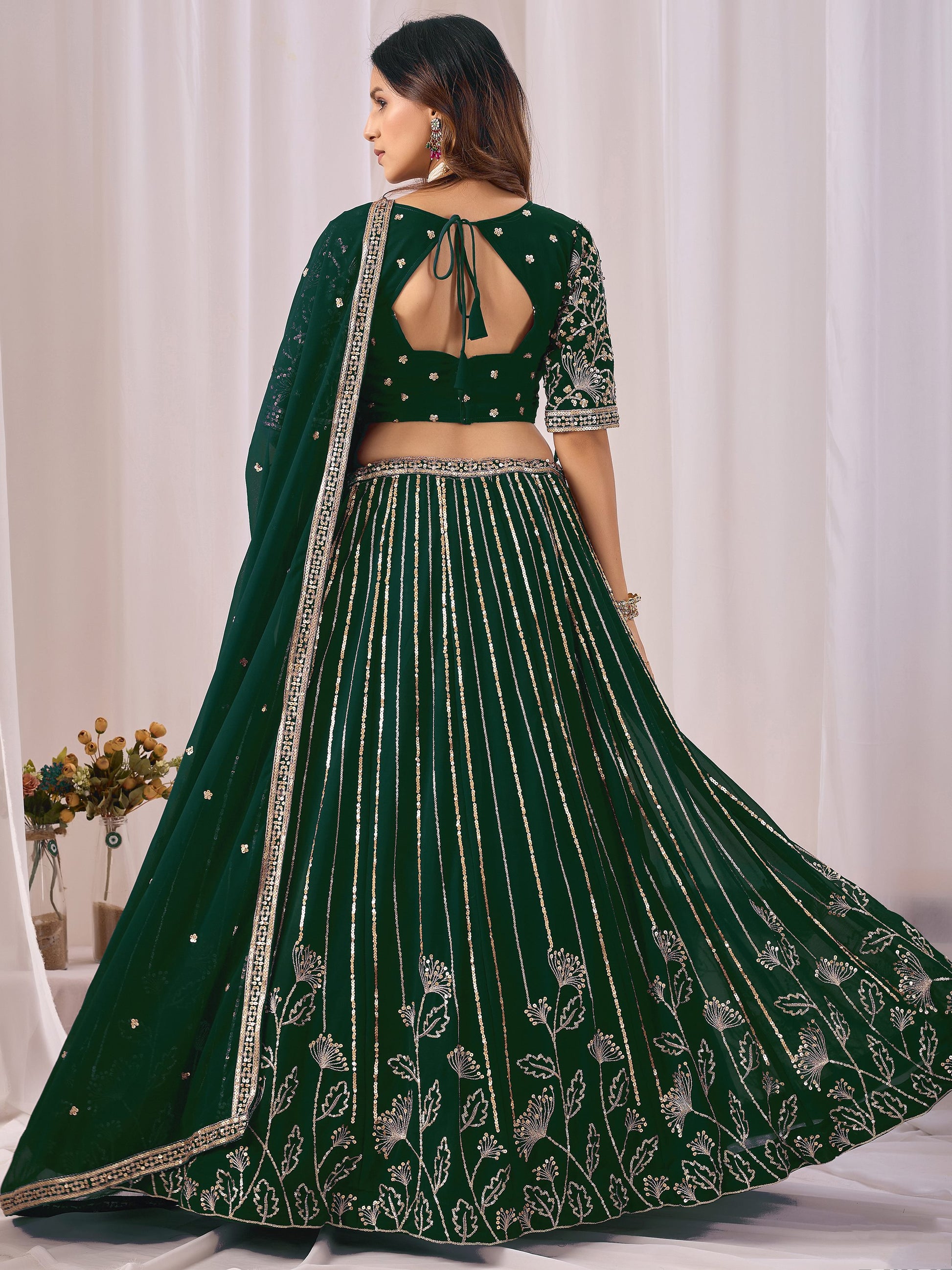 Stylish Green Sequins Georgette Wedding Wear Lehenga Choli With Dupatta
