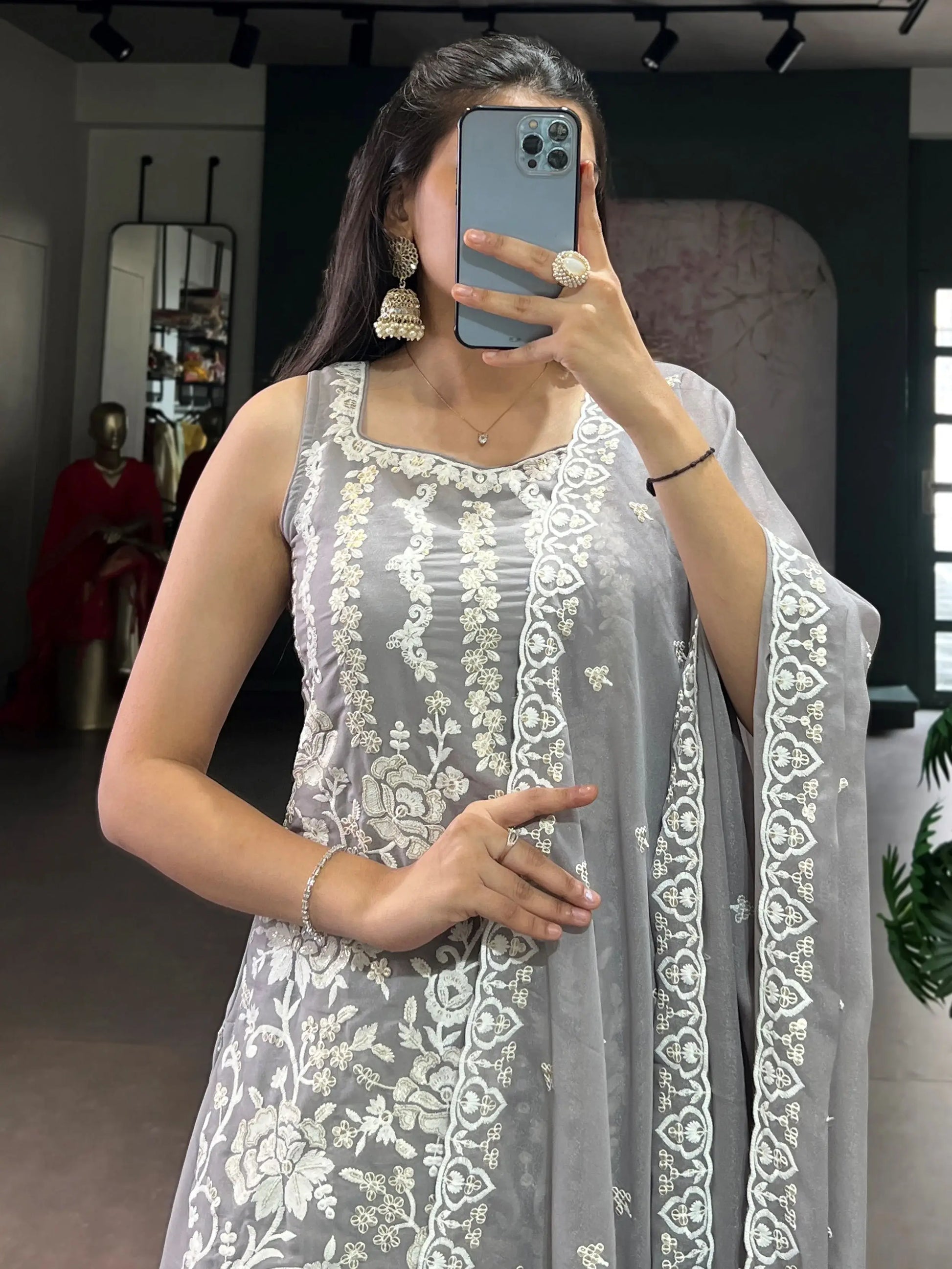 Stylish Grey Floral Embroidered Georgette Wedding Wear Sharara Suit