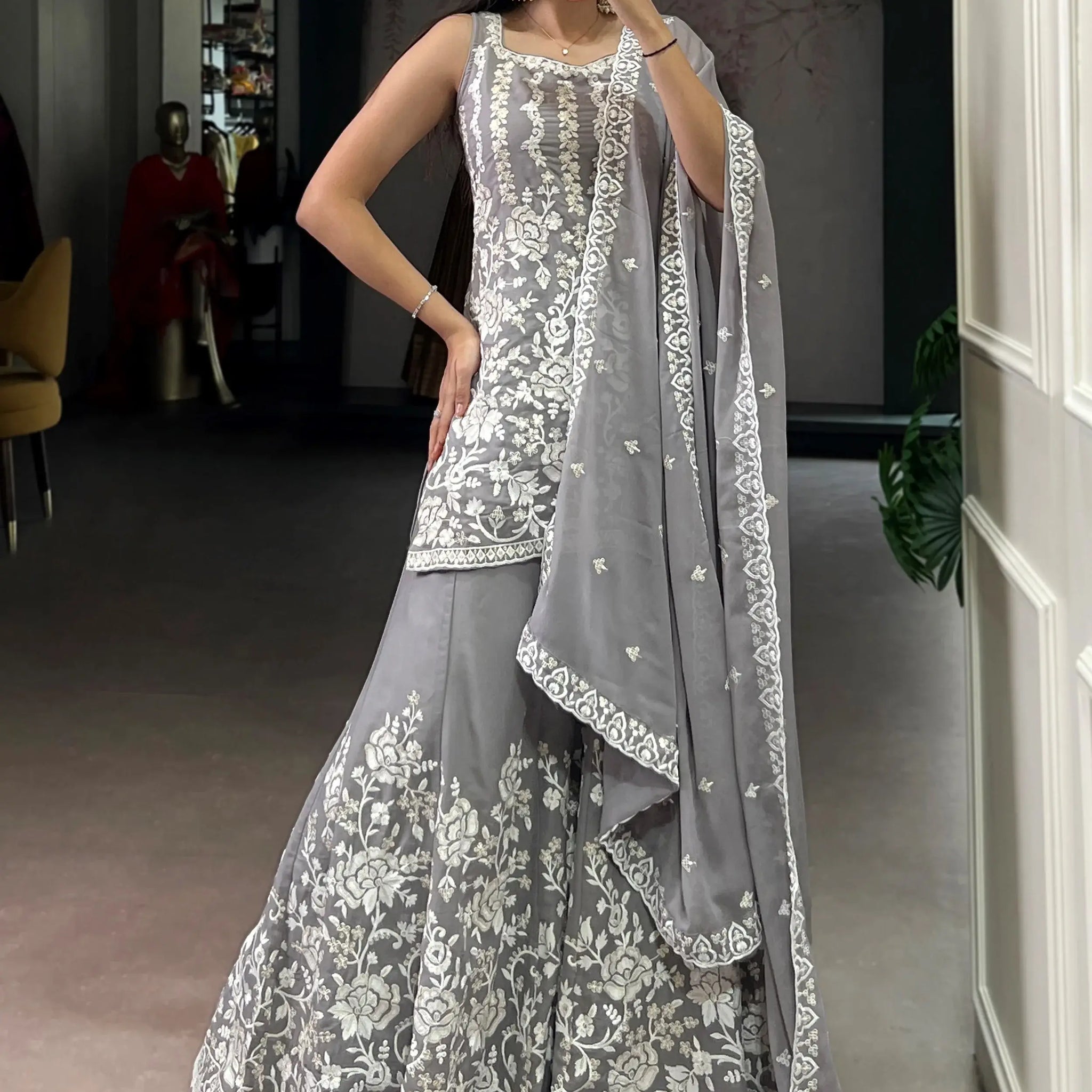 Stylish Grey Floral Embroidered Georgette Wedding Wear Sharara Suit