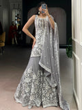 Stylish Grey Floral Embroidered Georgette Wedding Wear Sharara Suit