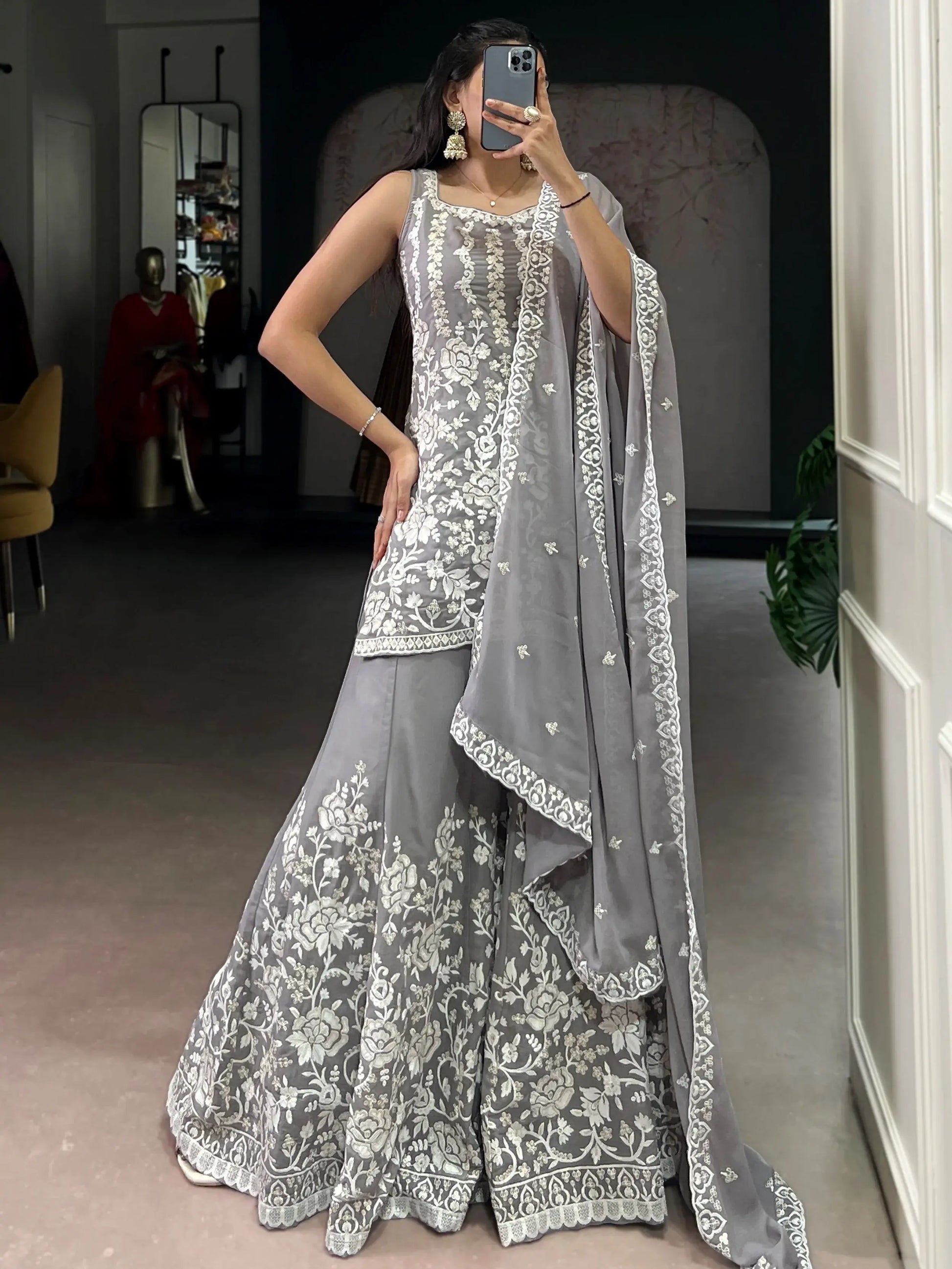 Stylish Grey Floral Embroidered Georgette Wedding Wear Sharara Suit