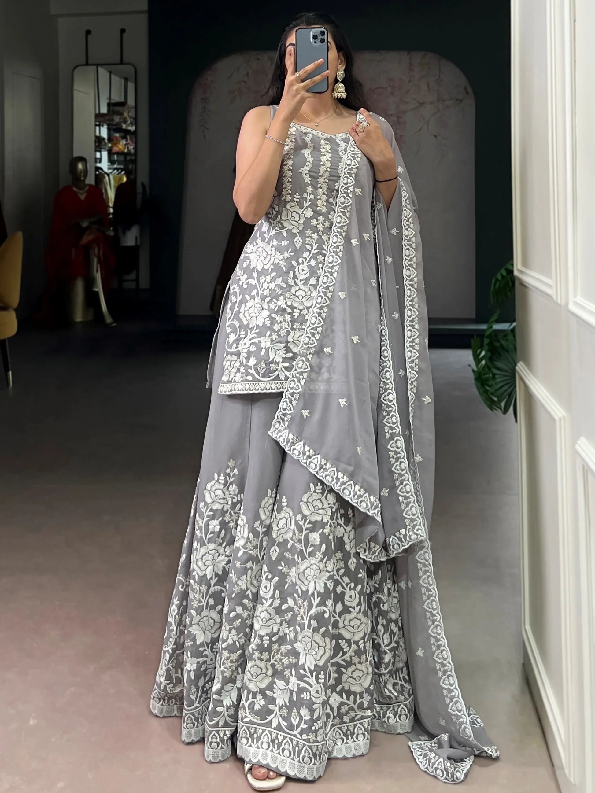 Stylish Grey Floral Embroidered Georgette Wedding Wear Sharara Suit