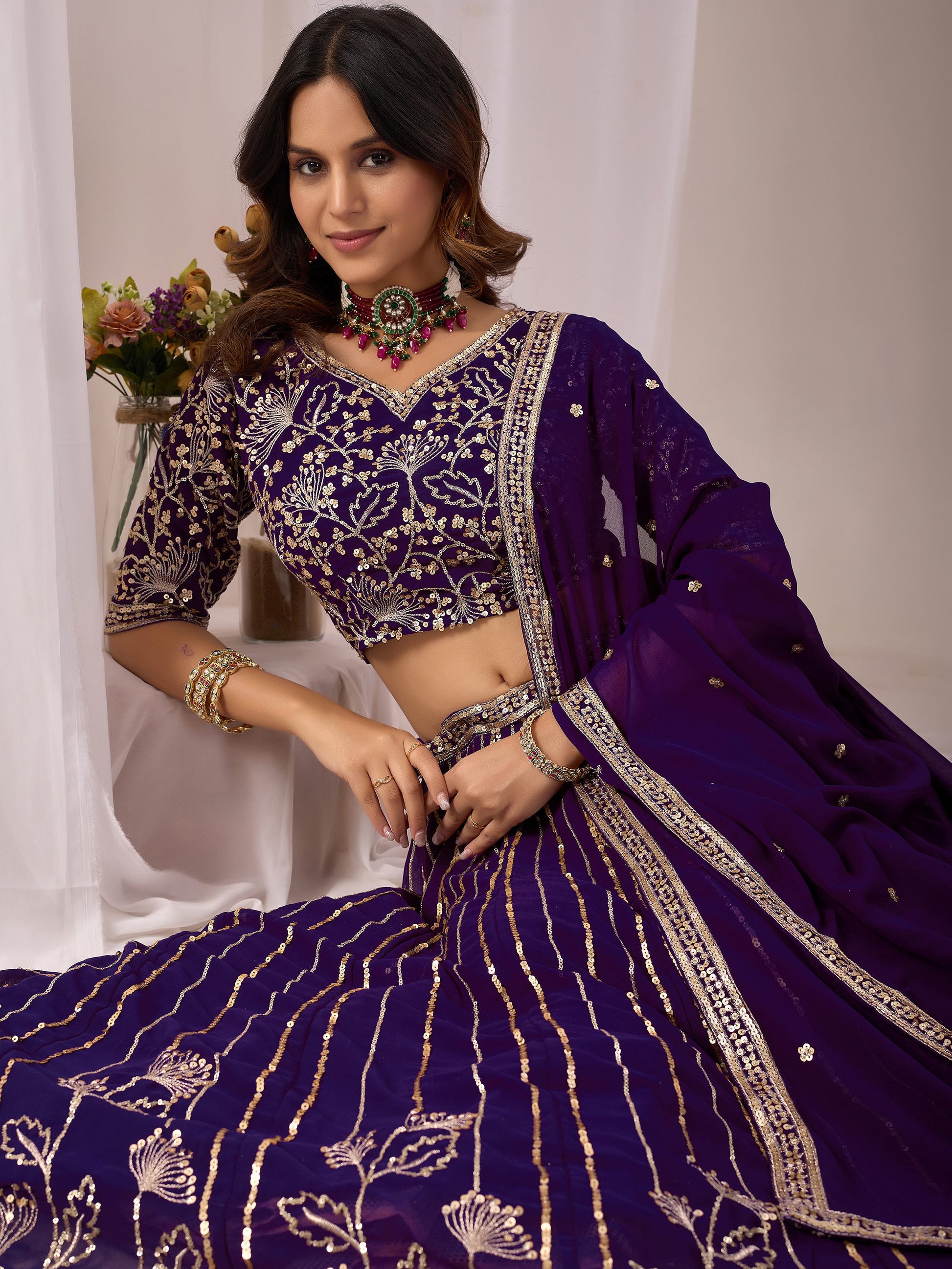 Pretty Purple Sequins Georgette Wedding Wear Lehenga Choli With Dupatta