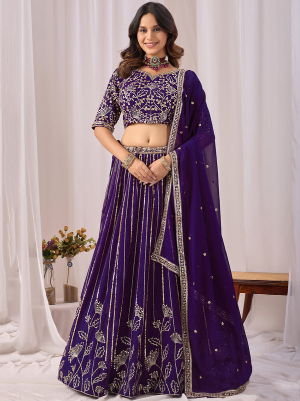 Pretty Purple Sequins Georgette Wedding Wear Lehenga Choli With Dupatta