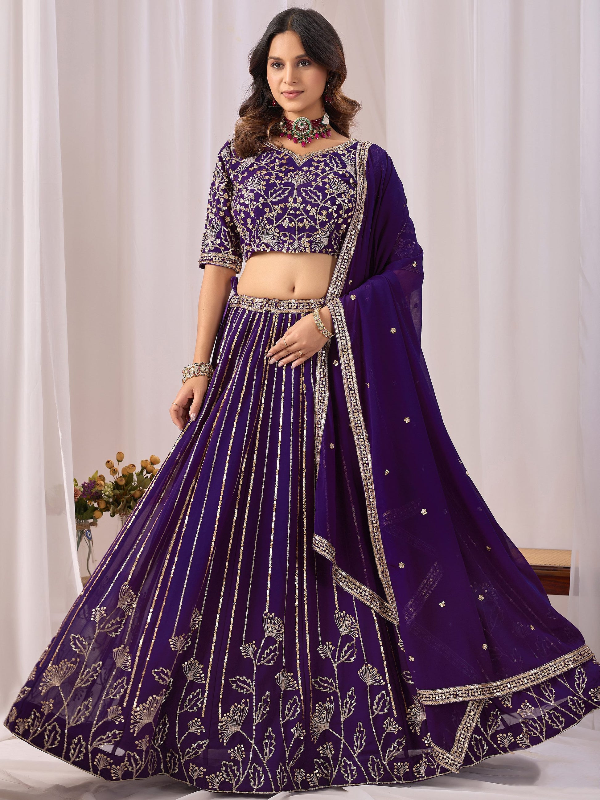 Pretty Purple Sequins Georgette Wedding Wear Lehenga Choli With Dupatta