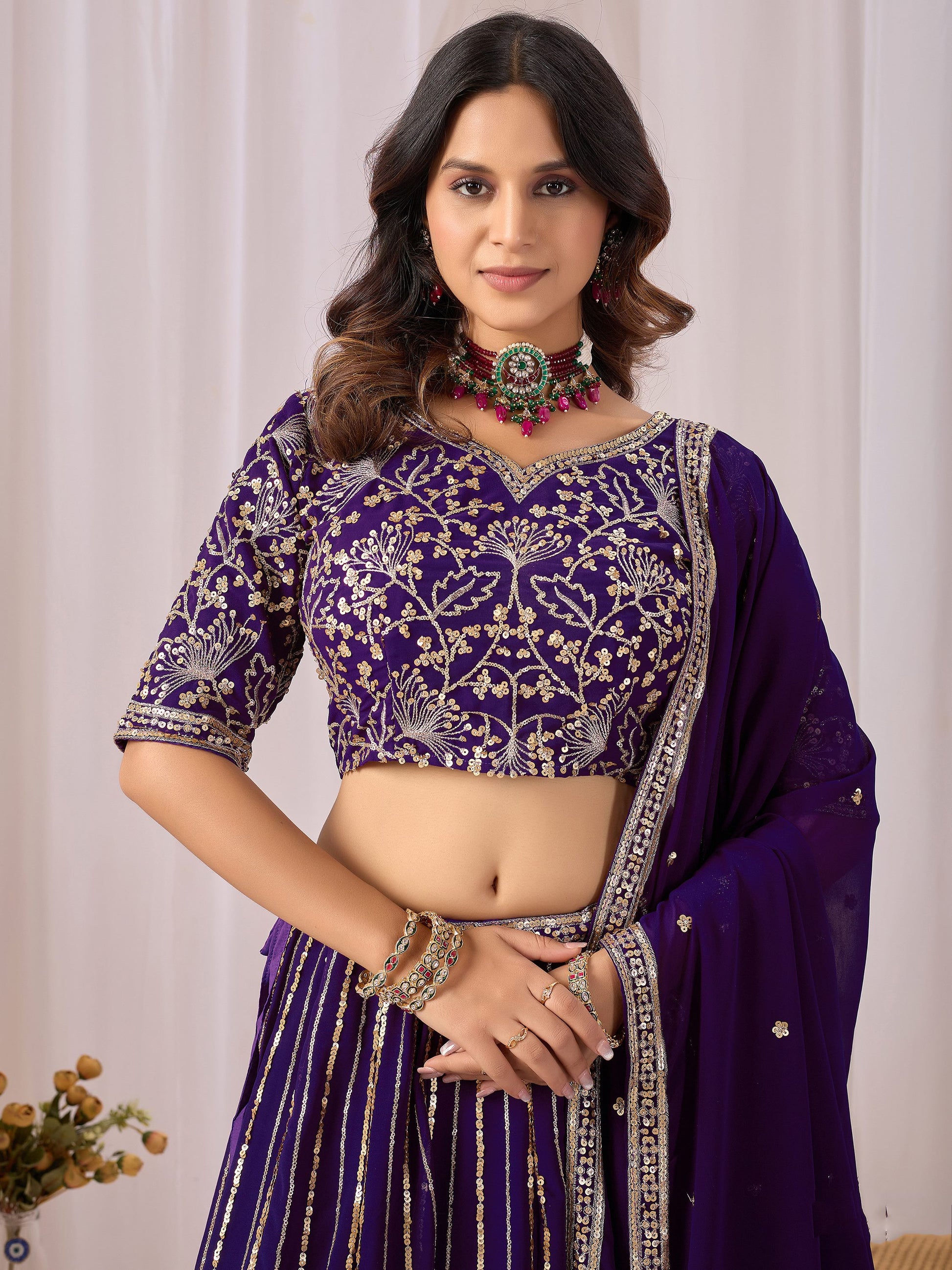 Pretty Purple Sequins Georgette Wedding Wear Lehenga Choli With Dupatta
