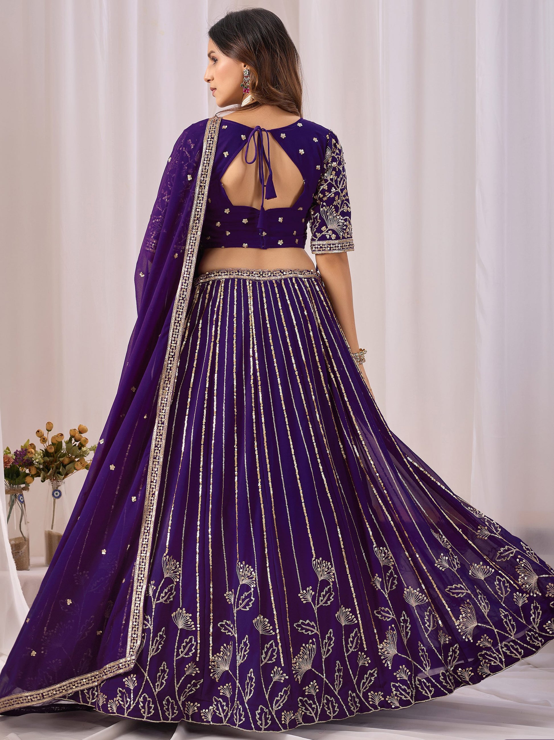 Pretty Purple Sequins Georgette Wedding Wear Lehenga Choli With Dupatta