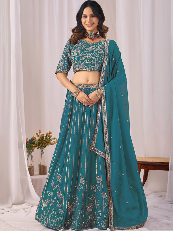 Great Teal Blue Sequins Georgette Wedding Wear Lehenga Choli With Dupatta