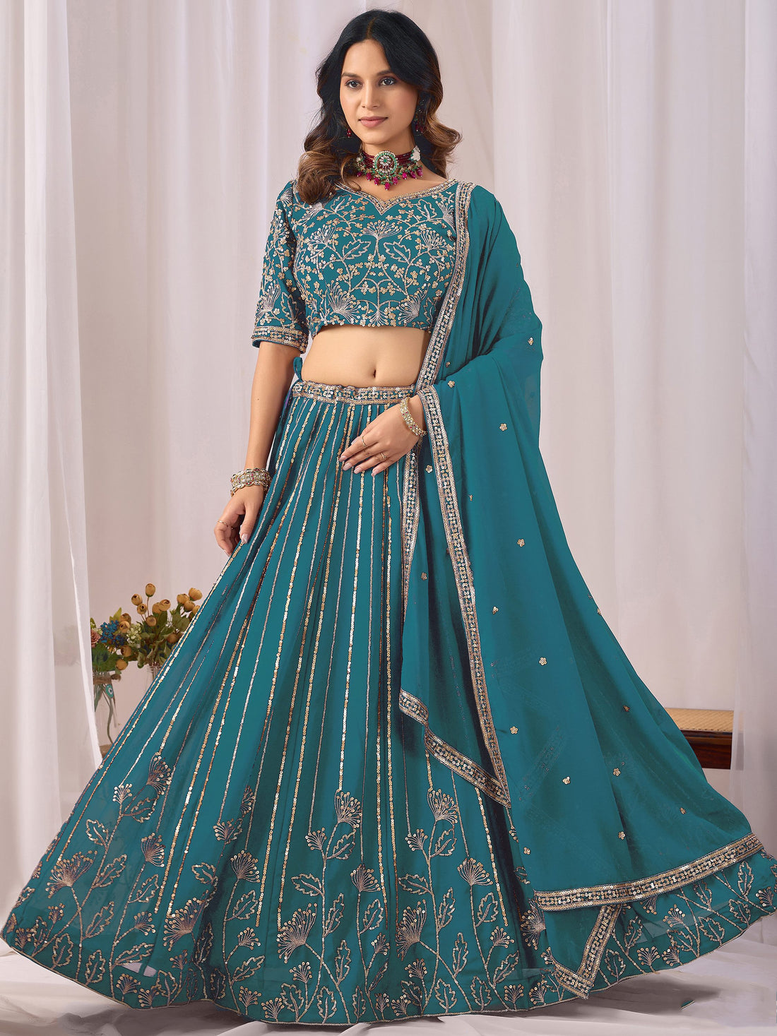 Great Teal Blue Sequins Georgette Wedding Wear Lehenga Choli With Dupatta