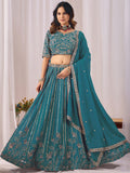 Great Teal Blue Sequins Georgette Wedding Wear Lehenga Choli With Dupatta
