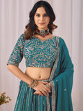 Great Teal Blue Sequins Georgette Wedding Wear Lehenga Choli With Dupatta