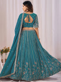 Great Teal Blue Sequins Georgette Wedding Wear Lehenga Choli With Dupatta