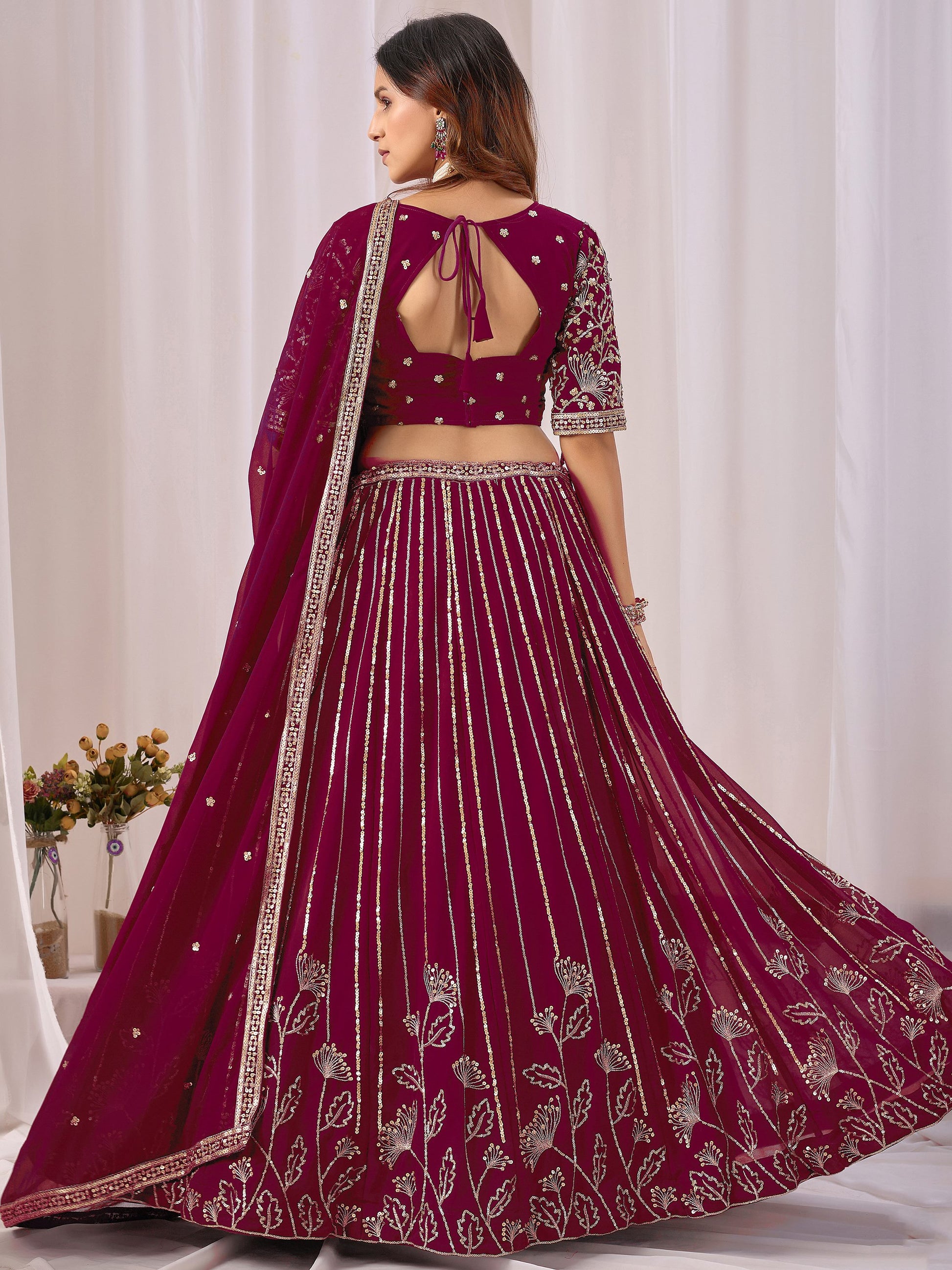 Graceful Maroon Sequins Georgette Wedding Wear Lehenga Choli With Dupatta