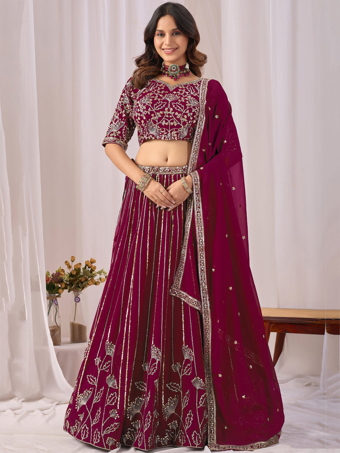 Graceful Maroon Sequins Georgette Wedding Wear Lehenga Choli With Dupatta
