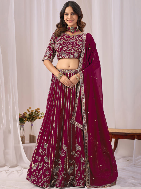 Graceful Maroon Sequins Georgette Wedding Wear Lehenga Choli With Dupatta