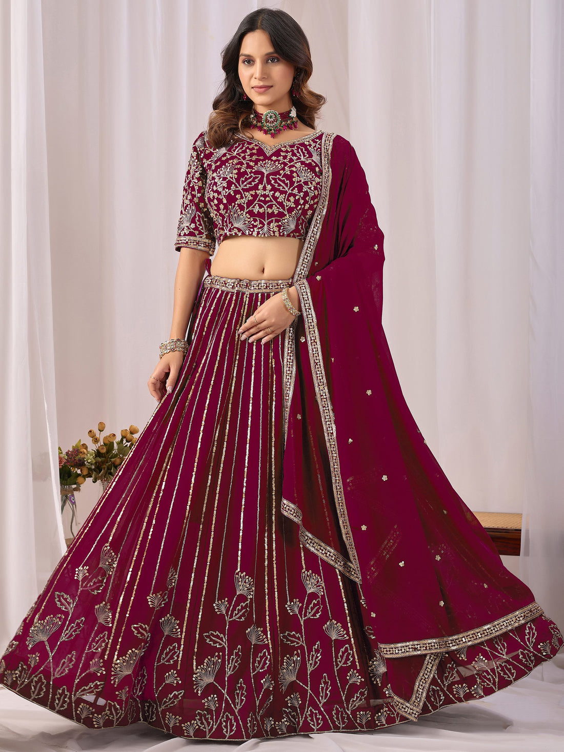 Graceful Maroon Sequins Georgette Wedding Wear Lehenga Choli With Dupatta