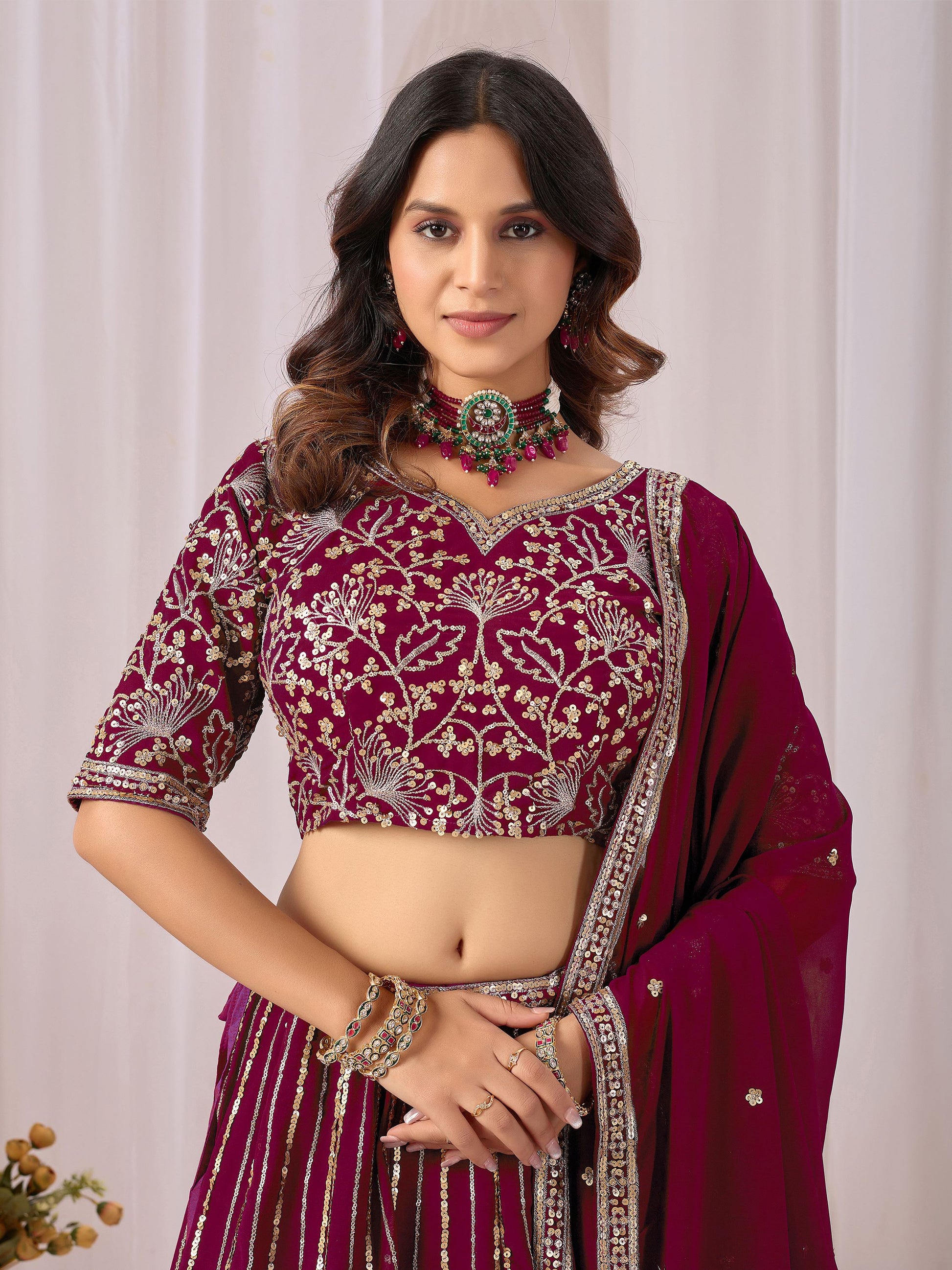 Graceful Maroon Sequins Georgette Wedding Wear Lehenga Choli With Dupatta