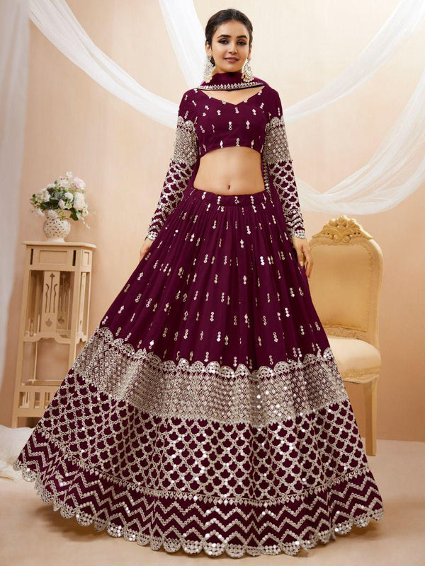 Bewitching Wine Sequins Georgette Wedding Wear Lehenga Choli