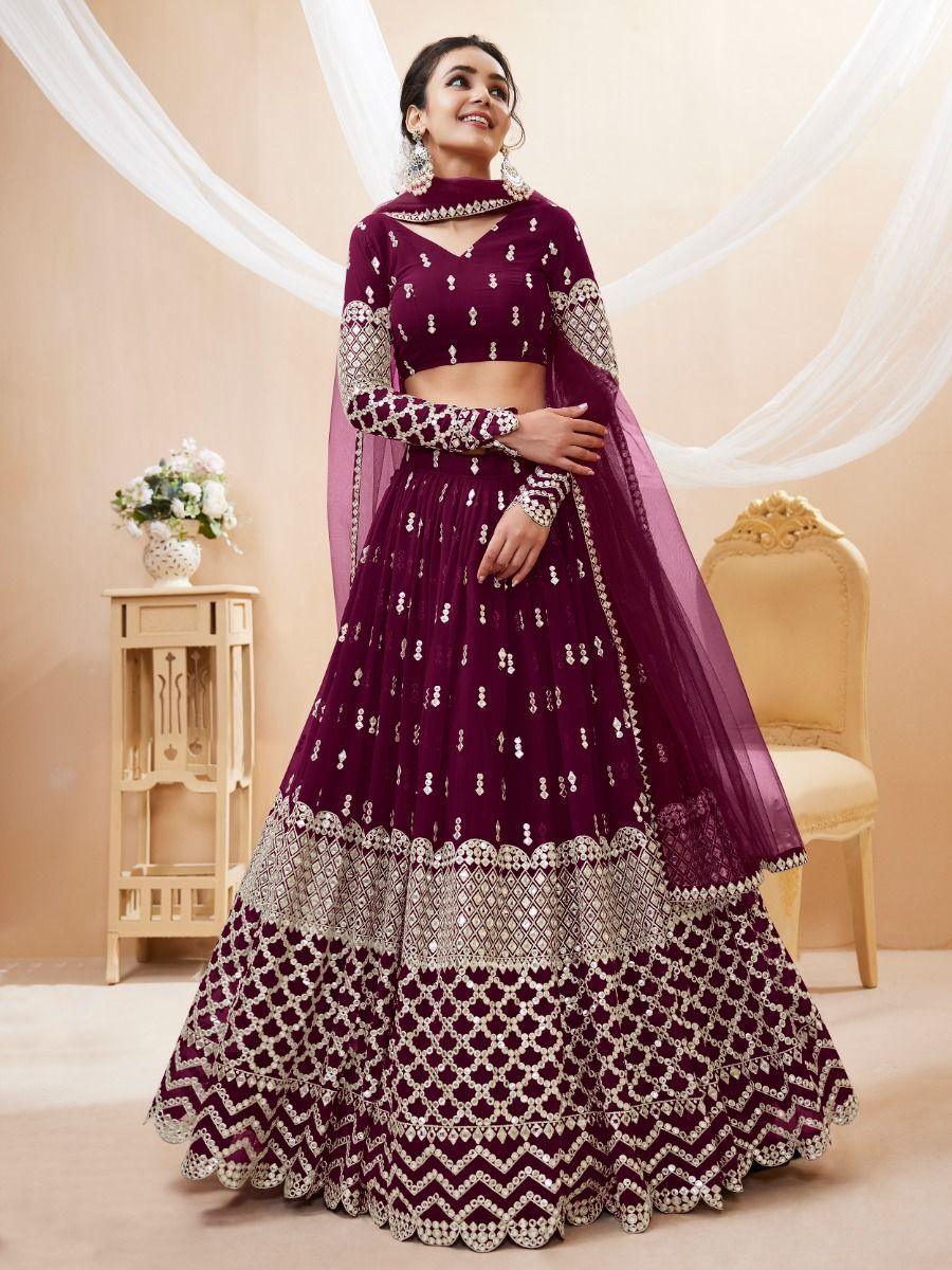 Bewitching Wine Sequins Georgette Wedding Wear Lehenga Choli