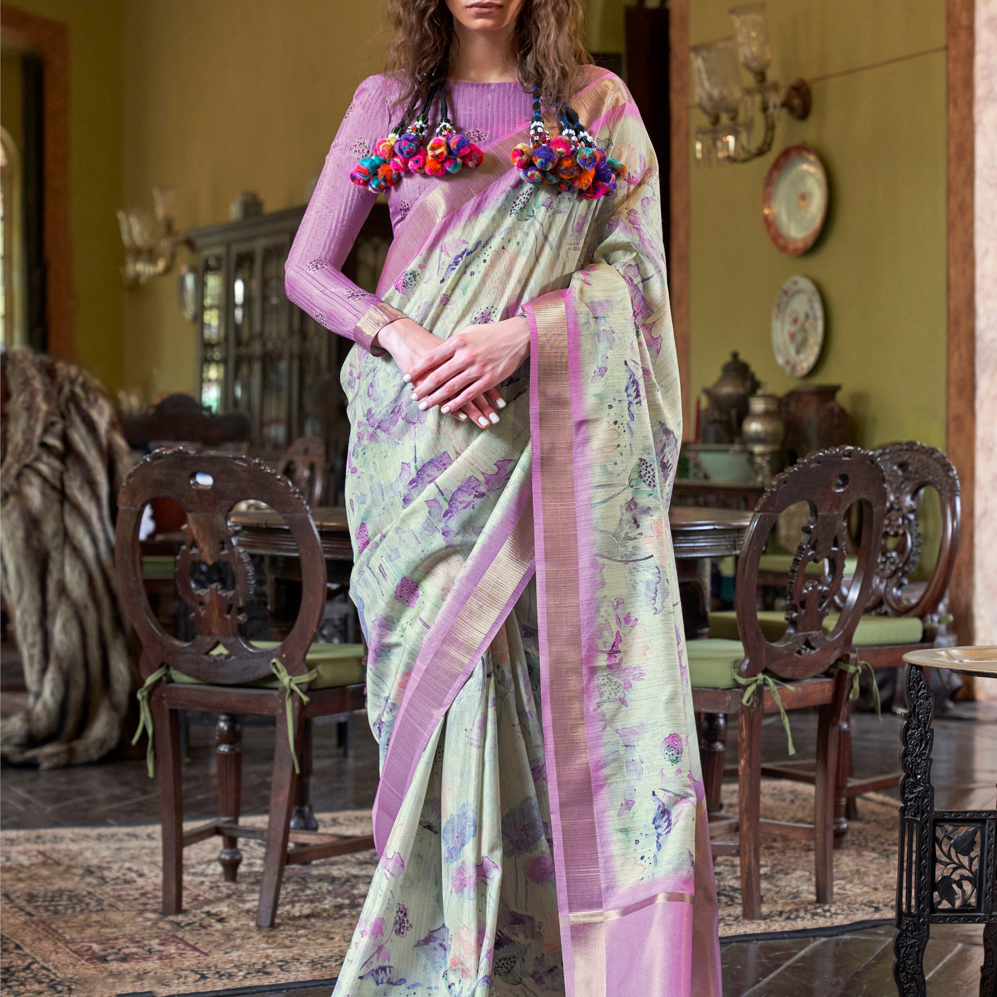 Marvelous Purple & Off-White Printed Banarasi Silk Event Wear Saree
