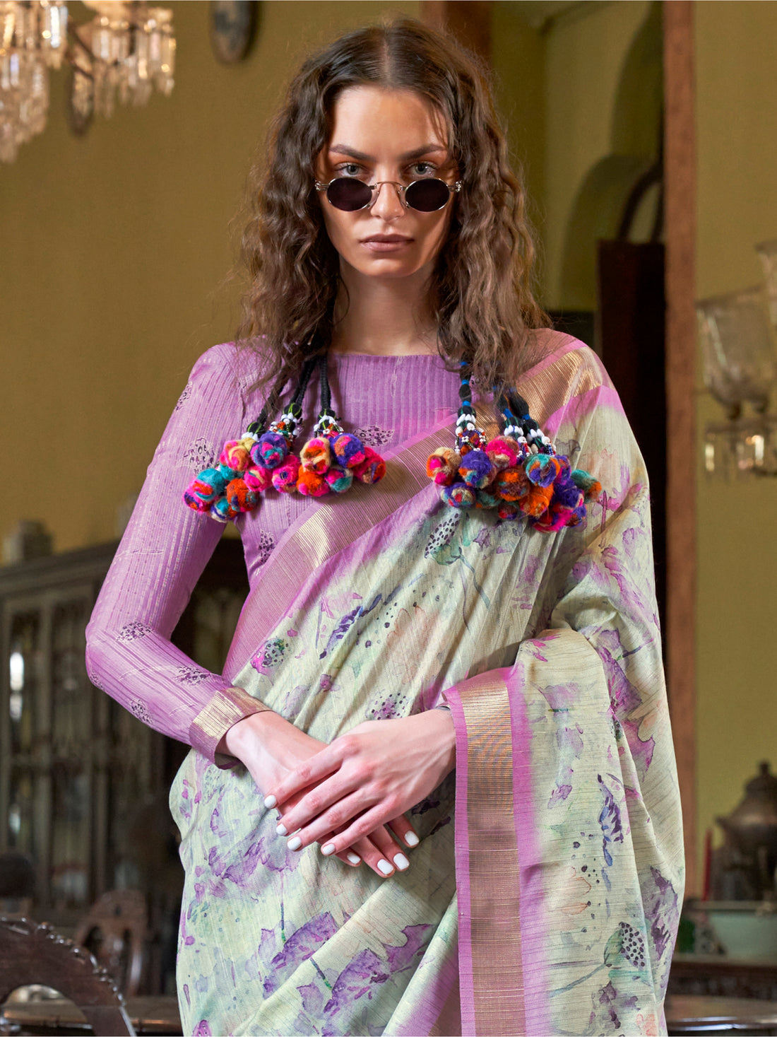 Marvelous Purple & Off-White Printed Banarasi Silk Event Wear Saree