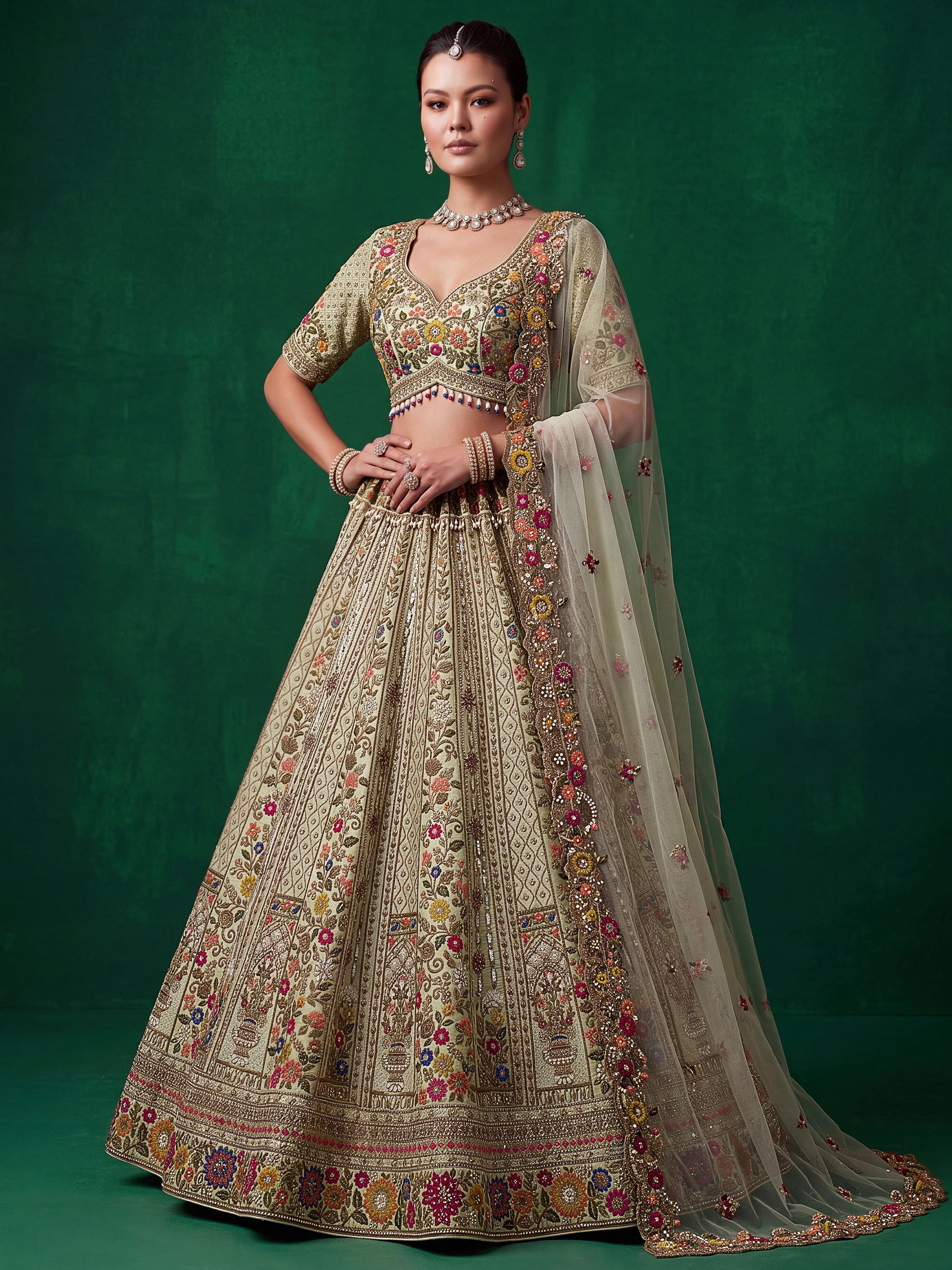 Great Sage Green Embroidered Silk Wedding Wear Lehenga Choli With Dupatta