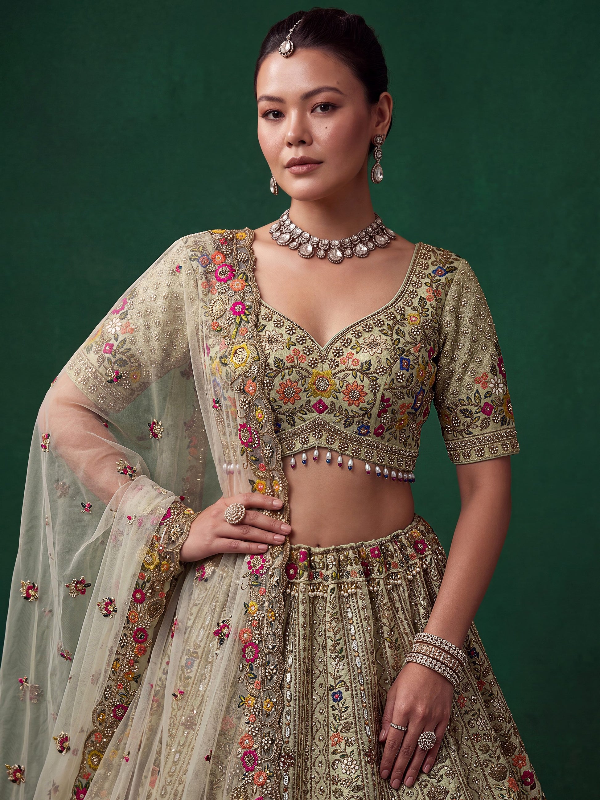 Great Sage Green Embroidered Silk Wedding Wear Lehenga Choli With Dupatta