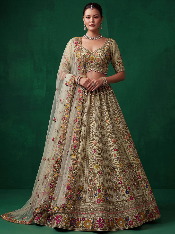 Great Sage Green Embroidered Silk Wedding Wear Lehenga Choli With Dupatta